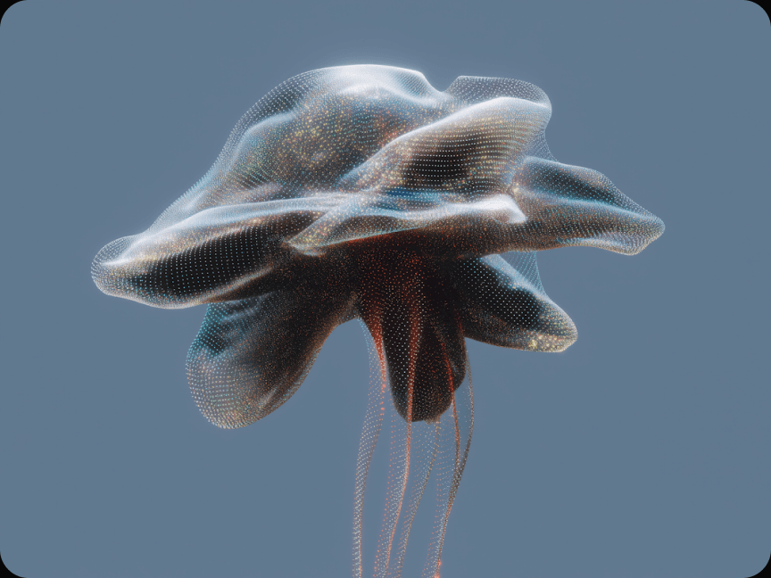 Forma tridimensional iridescente parecida com uma flor, sobre fundo azul.