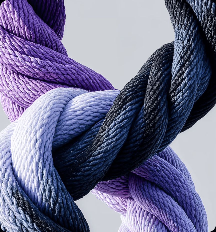 Cordas entrelaçadas em tons de roxo e azul.